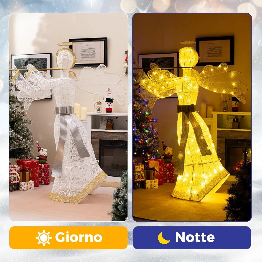 Angelo Natalizio Illuminato da Esterno, Decorazione Natalizia con 100 Luci LED, 4 Picchetti da Terra e 10 Fascette, per Giardino, Cortile e Prato (Modello 3)
