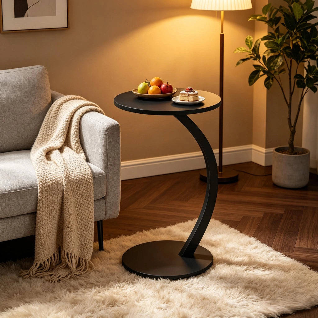 Tavolino basso a C con piano rotondo e base sotto divano, in MDF e metallo, nero, per soggiorno, 40 × 64,5 cm