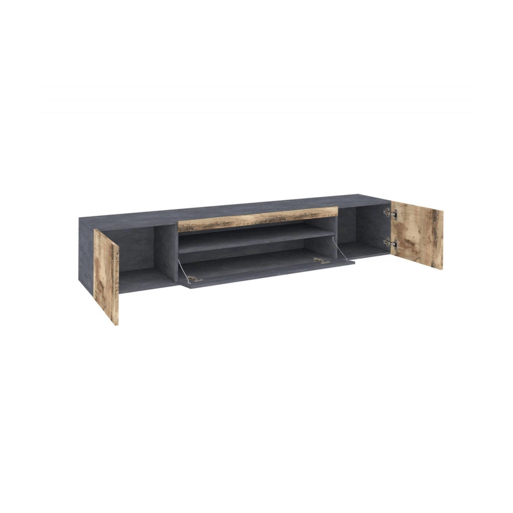 Mobile da soggiorno Porta Artropodi, Made in Italy, Credenza per Artropodi in stile industrial a 3 ante, cm 200x40h37, Ardesia e Acero, con luce LED blu