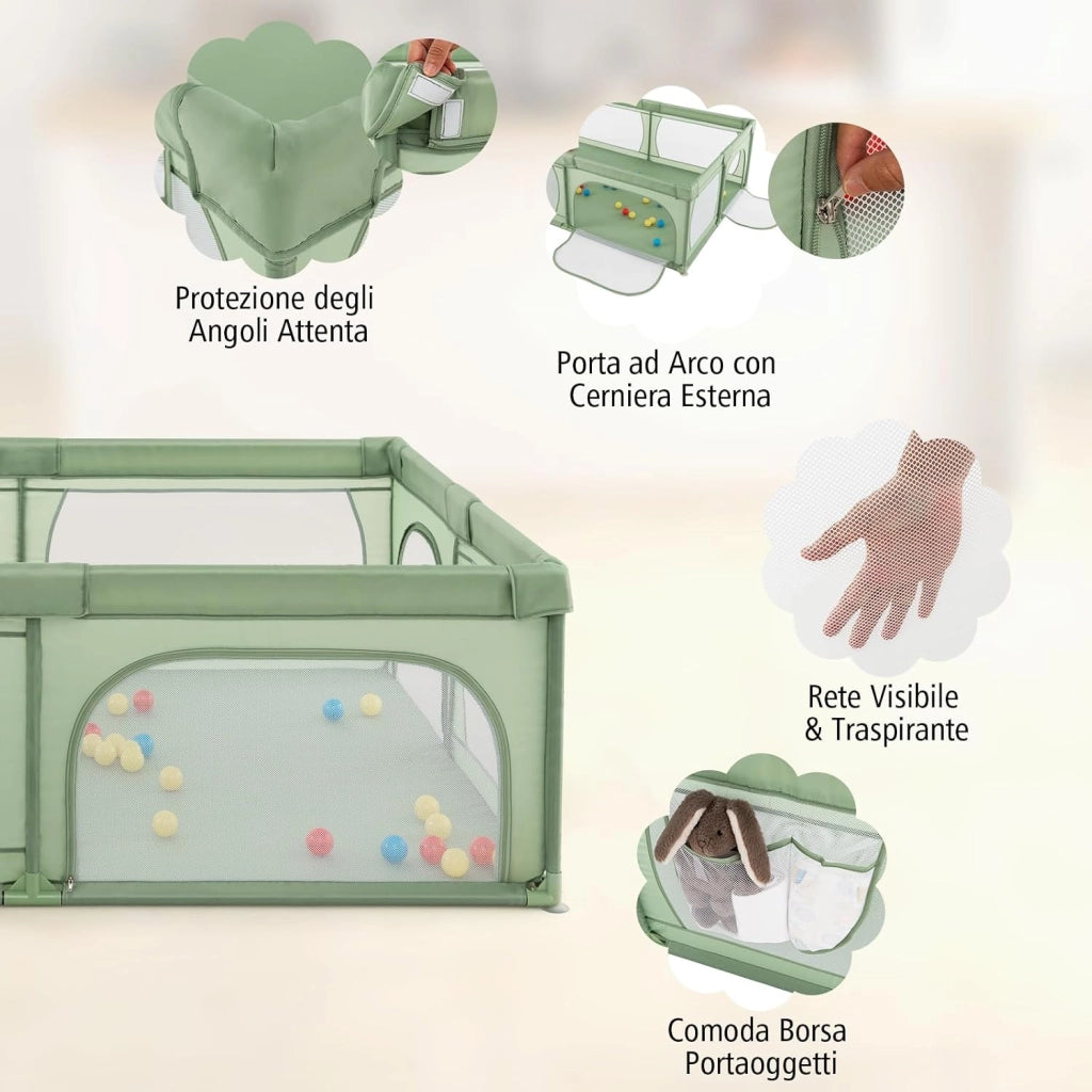 Recinto per Bambini, Box per Neonati con Rete Traspirante, Centro Attività con 50 Palline, Box Giochi per Bambini 0-3 Anni (Verde, 206 x 147 cm)