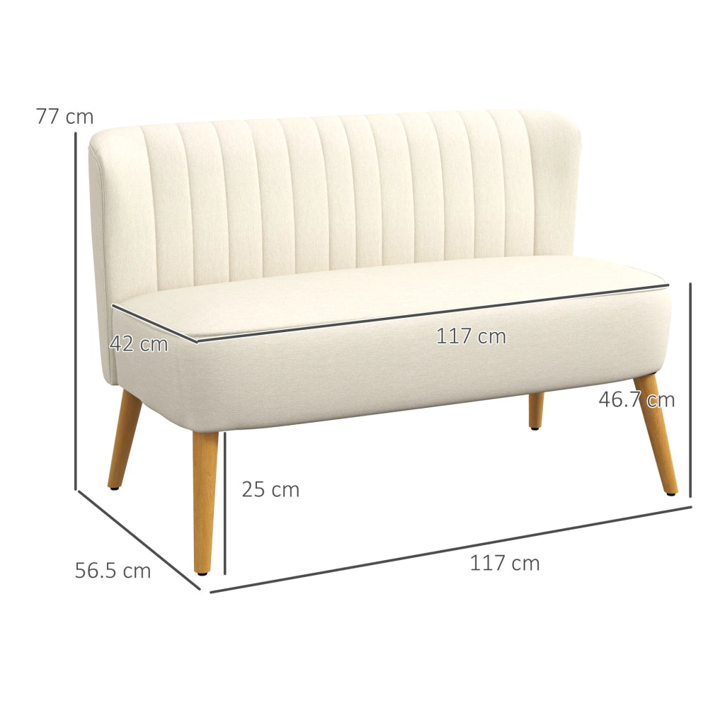 Divano 2 Posti in Tessuto Effetto Lino Senza Braccioli con Gambe in Legno, 117x56.5x77 cm, Bianco Crema
