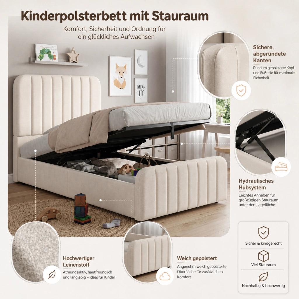LETTO singolo 90x200 cm con contenitore idraulico, beige, lino, senza materasso