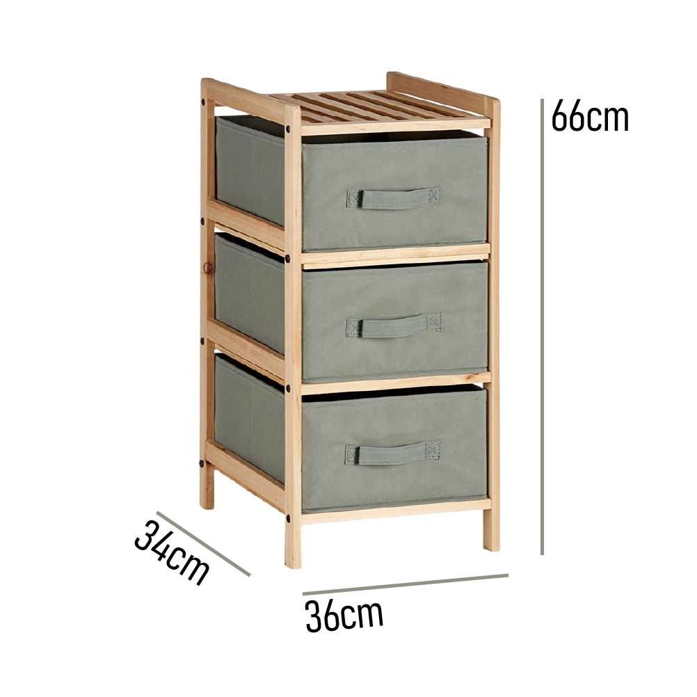 Mobile Cassettiera 3 Cassetti in Legno Naturale e Stoffa Colore Grigio H 66cm