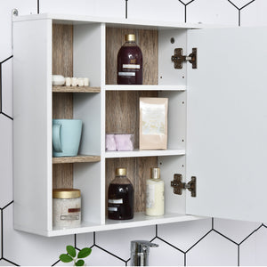 Specchio Armadietto da Bagno Pensile 60x14,5x49,4 cm in MDF e Truciolato Bianco e Legno Naturale