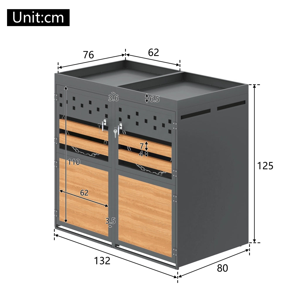 Box Copribidoni 2 Posti con Tetto Piantumabile 120¨C240 L; Acciaio Zincato Antracite; Porta Effetto Legno