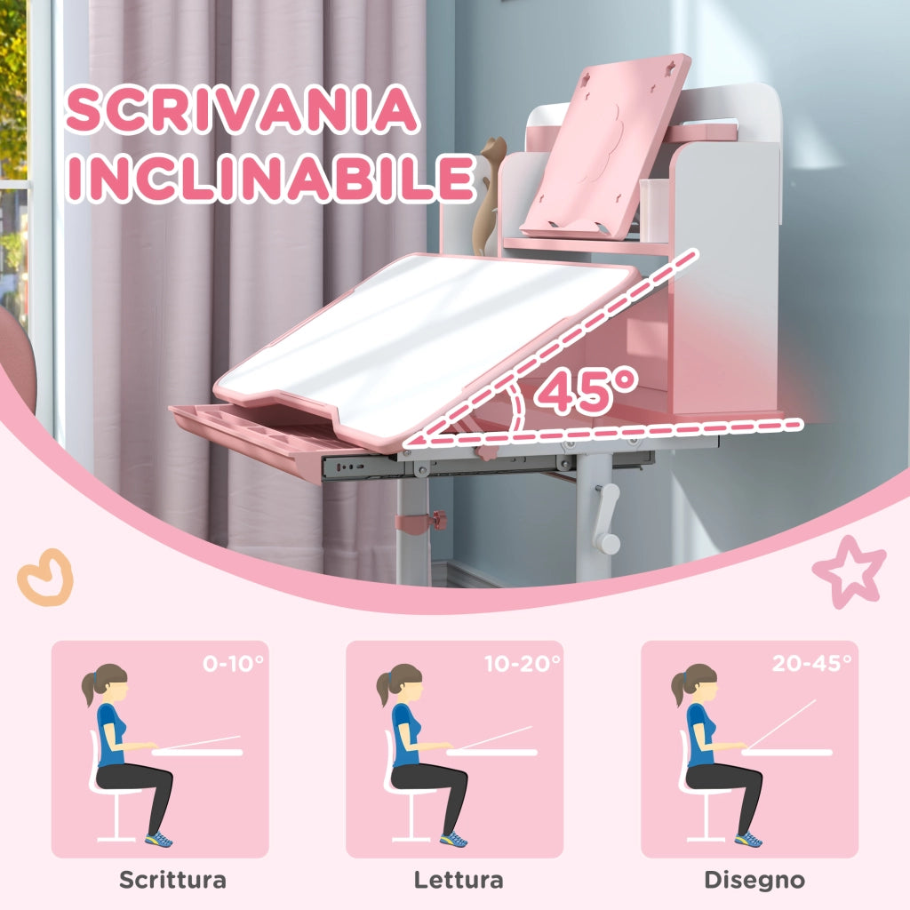 Scrivania Bambini Regolabile con Sedia, Cassetto e Scaffale ¨C Zephmum ¨C Rosa 90x50x75