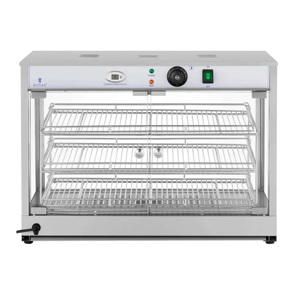 Vetrina riscaldata espositore riscaldato da banco (3 ripiani da 59 x 32 cm 1200 watt 25-85 °C vassoio raccogli briciole) 14_0004357