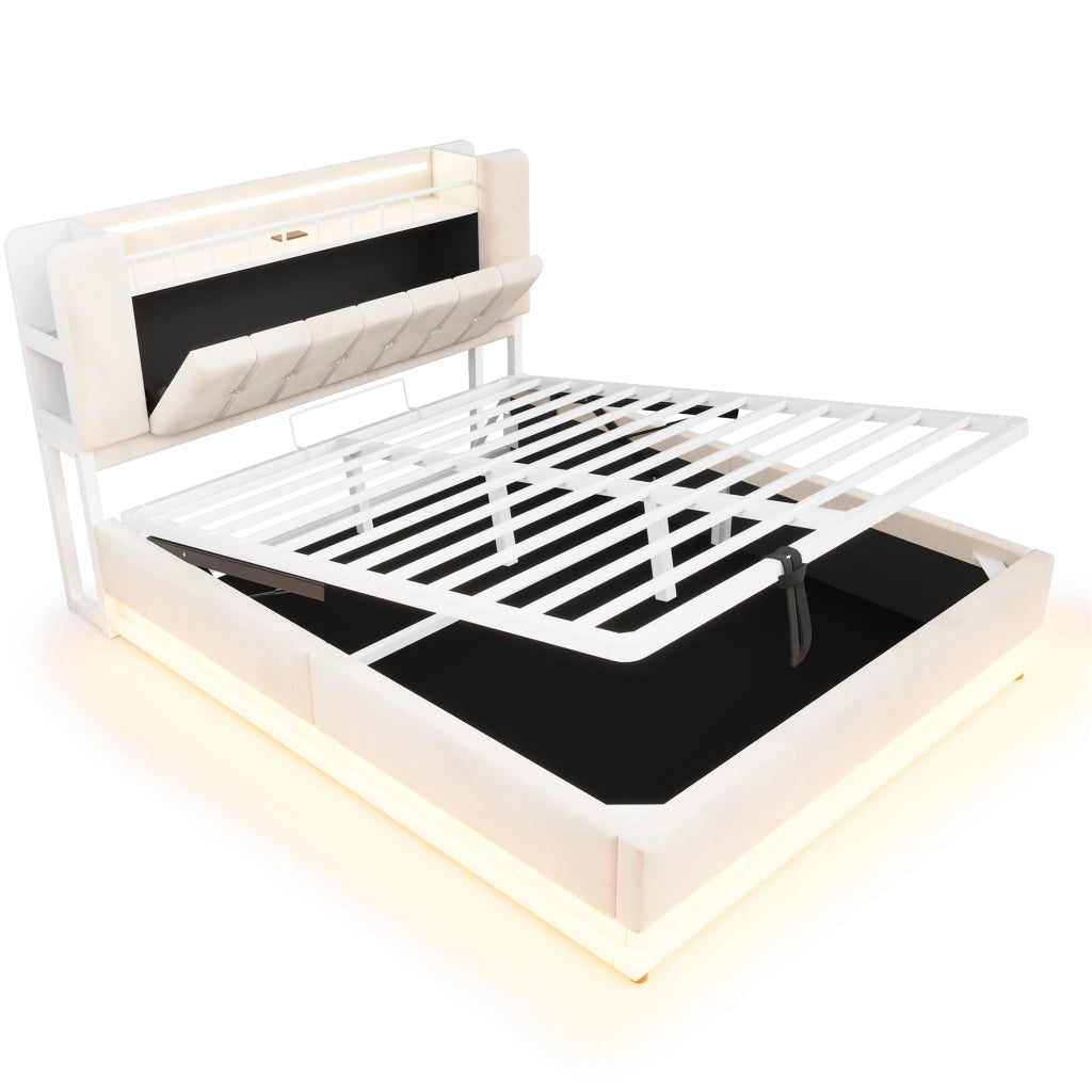 Letto imbottito 160x200 con contenitore idraulico; LED e porte USB; velluto beige