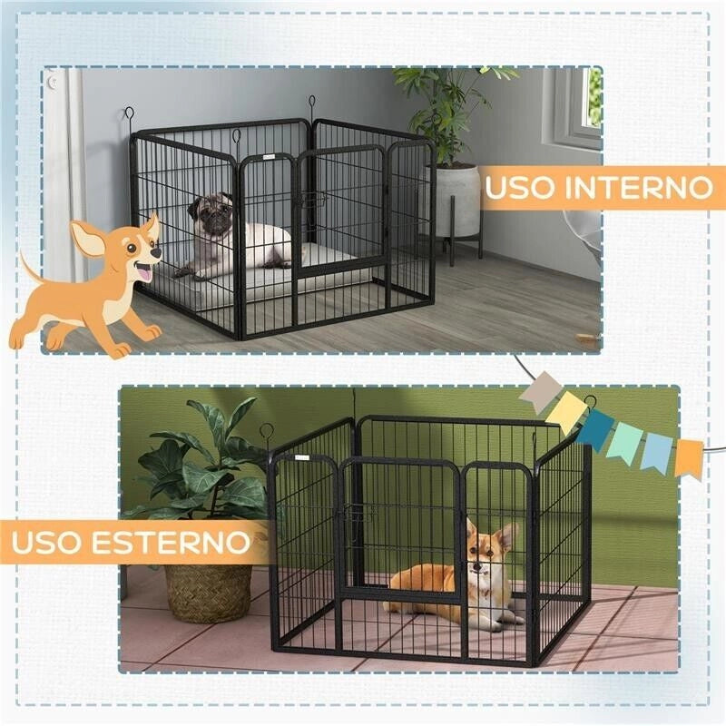 RECINTO PER CANI PIEGHEVOLE IN METALLO, PER INTERNO ED ESTERNO CON PORTA E PICCHETTI, 82X82X60CM GRIGIO