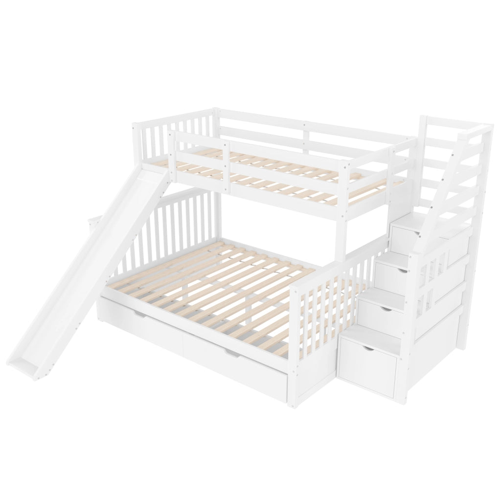 Letto a castello 90x200 e 140x200 con scivolo; cassetti e vani portaoggetti; bianco
