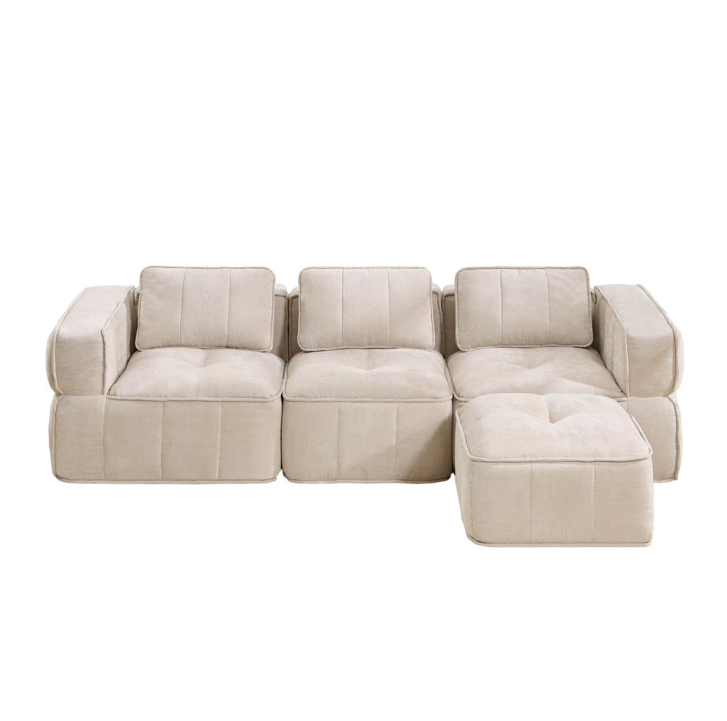 Divano modulare angolare ULEVR 3 posti con pouf, design senza telaio e seduta profonda, beige