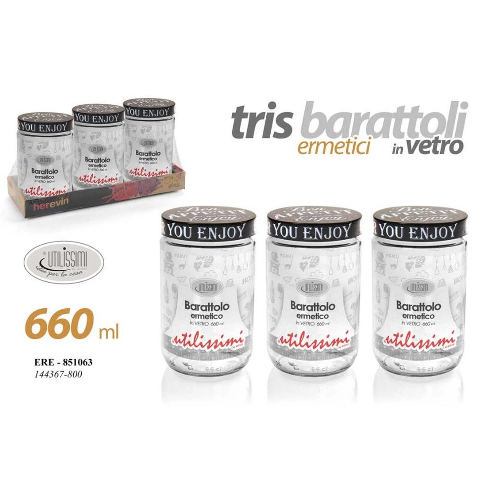 Set 3 Tris Barattoli da Cucina in Vetro con Tappo Ermetico 660 cc