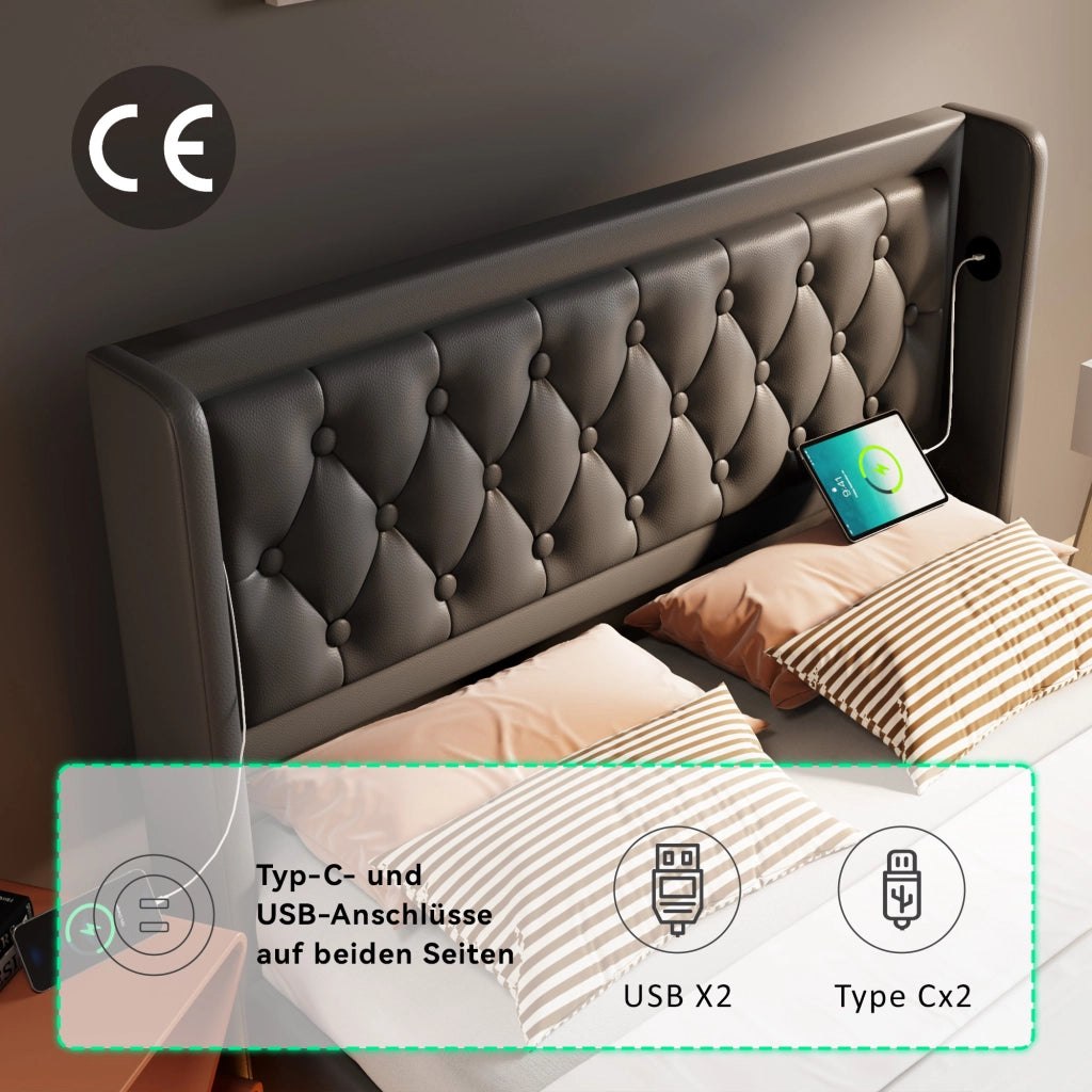 Letto Contenitore 140×200 cm; Letto Matrimoniale con USB; Tipo C e LED su 3 Lati; senza Materasso
