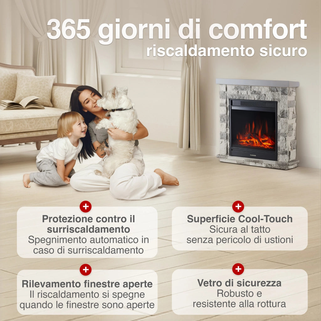 KAMINIO Camino elettrico JUAN - Camino elettrico da appoggio effetto pietra con riscaldamento, effetto fiamma 3D, telecomando - Grigio