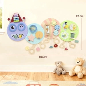 Gioco da parete 7-in-1 in MDF, design bruco, 108 cm, multicolore, con xilofono e ingranaggi