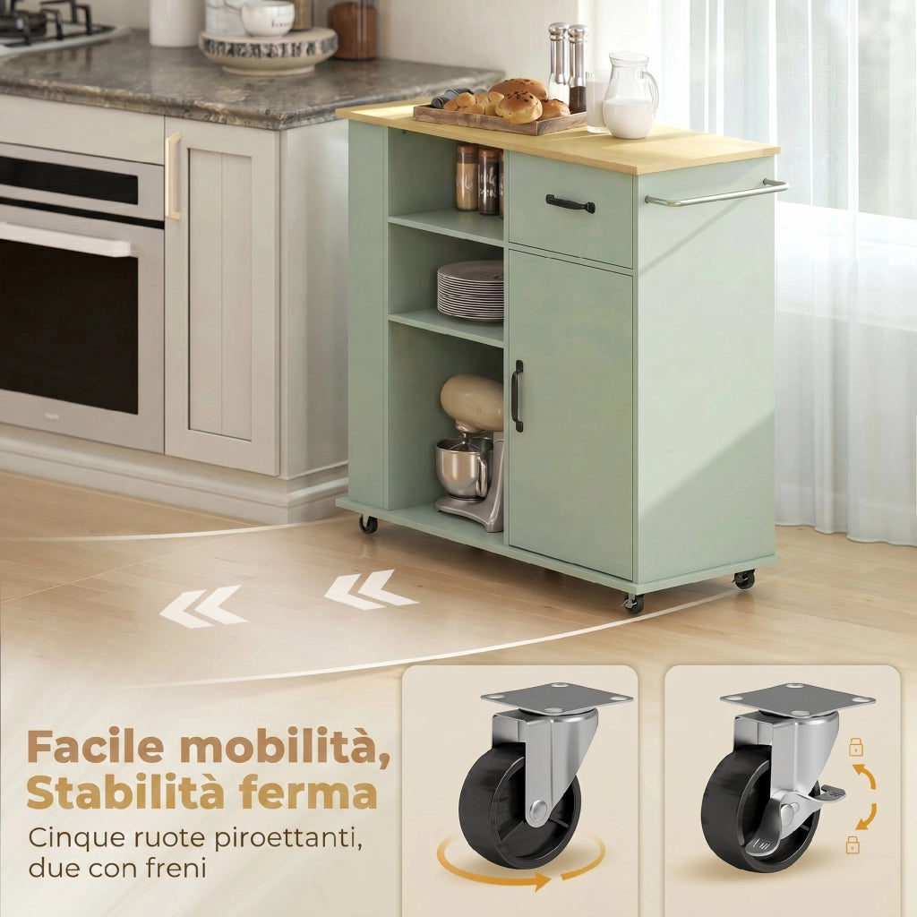 Mobile Cucina con Cassetto, Armadietto e Ripiano Regolabile, Verde Chiaro
