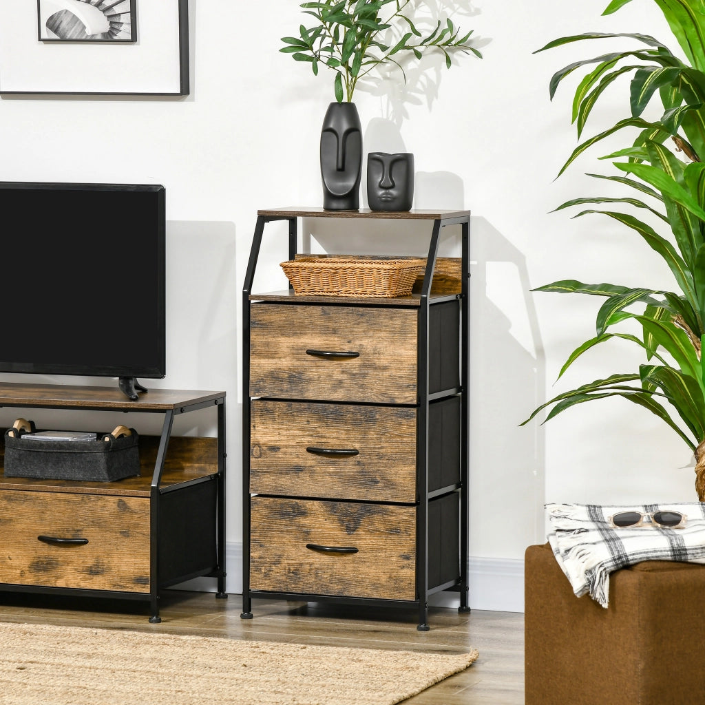 Com¨° con 3 Cassetti in Tessuto e 2 Ripiani Stile Industriale ¨C Zephmum ¨C Legno e Metallo 44x29x92
