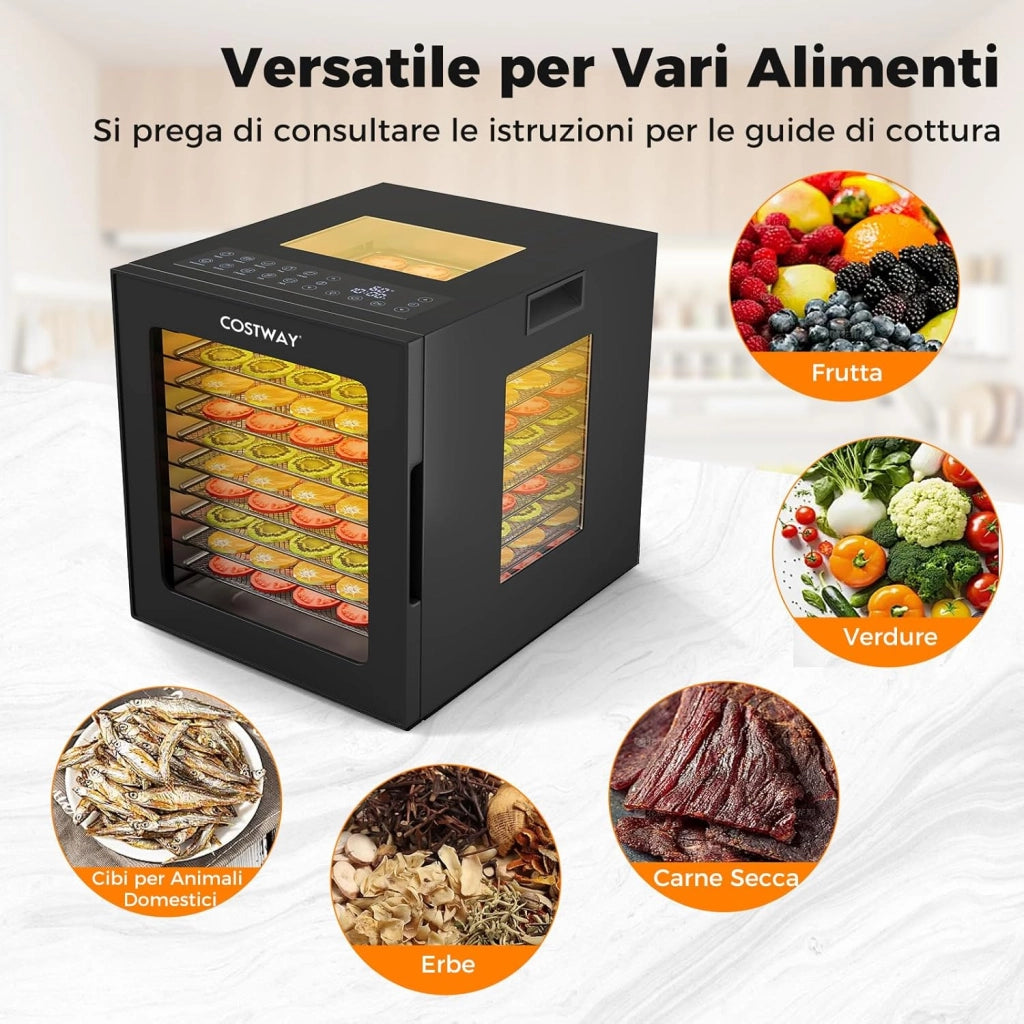 850W Essiccatore Alimentare, Disidratatore per Cibo in Acciaio Inox con 10 Vassoi, 10 Programmi, Timer e Temperatura da 30-75℃, Accessori Inclusi, per Frutta, Verdura e Carne