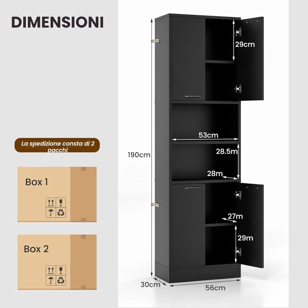 Credenza Alta da Cucina 190 cm, Mobile Cucina Dispensa in Legno, Mobile Buffet con 2 Armadio e Ripiano, per Soggiorno, Sala da Pranzo, Bagno, 56 x 30 x 190 cm, (In 2 Pacchi) (Nero)