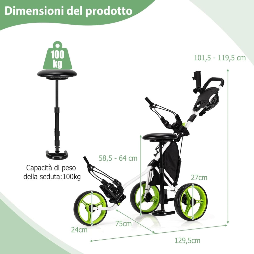 Carrello da Golf Pieghevole con 3 Ruote, Trolley da Golf Altezza Regolabile di Alluminio con Sedile, Porta Ombrello e Porta Bevande