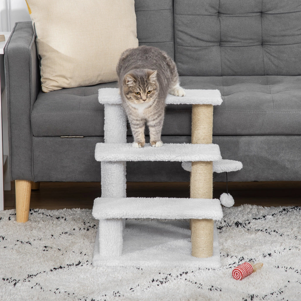 Scaletta per gatti 3 gradini con palo tiragraffi e palla ¨C zephmum ¨C 45x40x48 cm bianco
