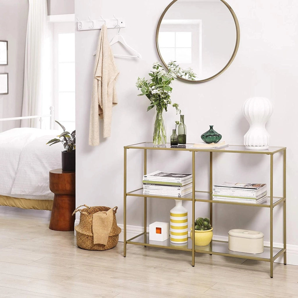 Console da salone moderna in vetro e metallo oro