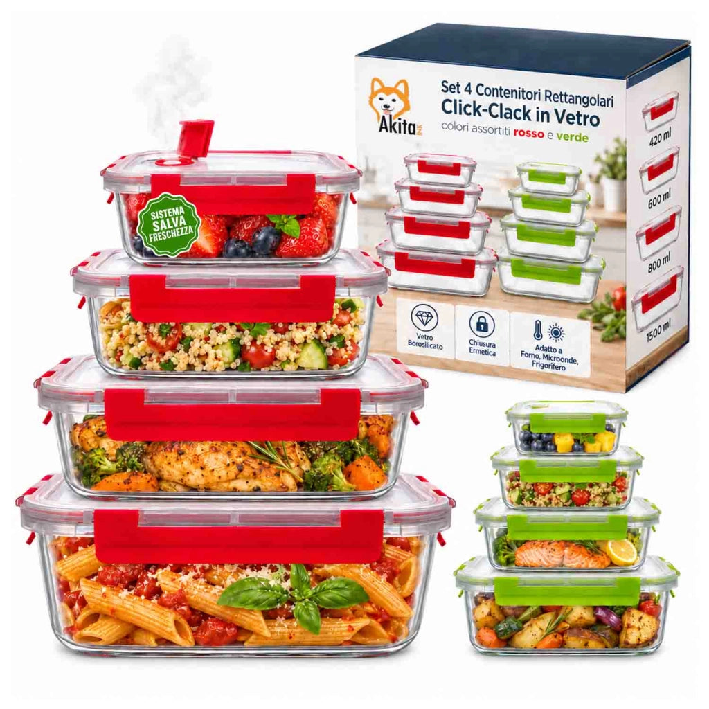 Akitaink Set 4 Contenitori Rettangolari Click Clack in Vetro