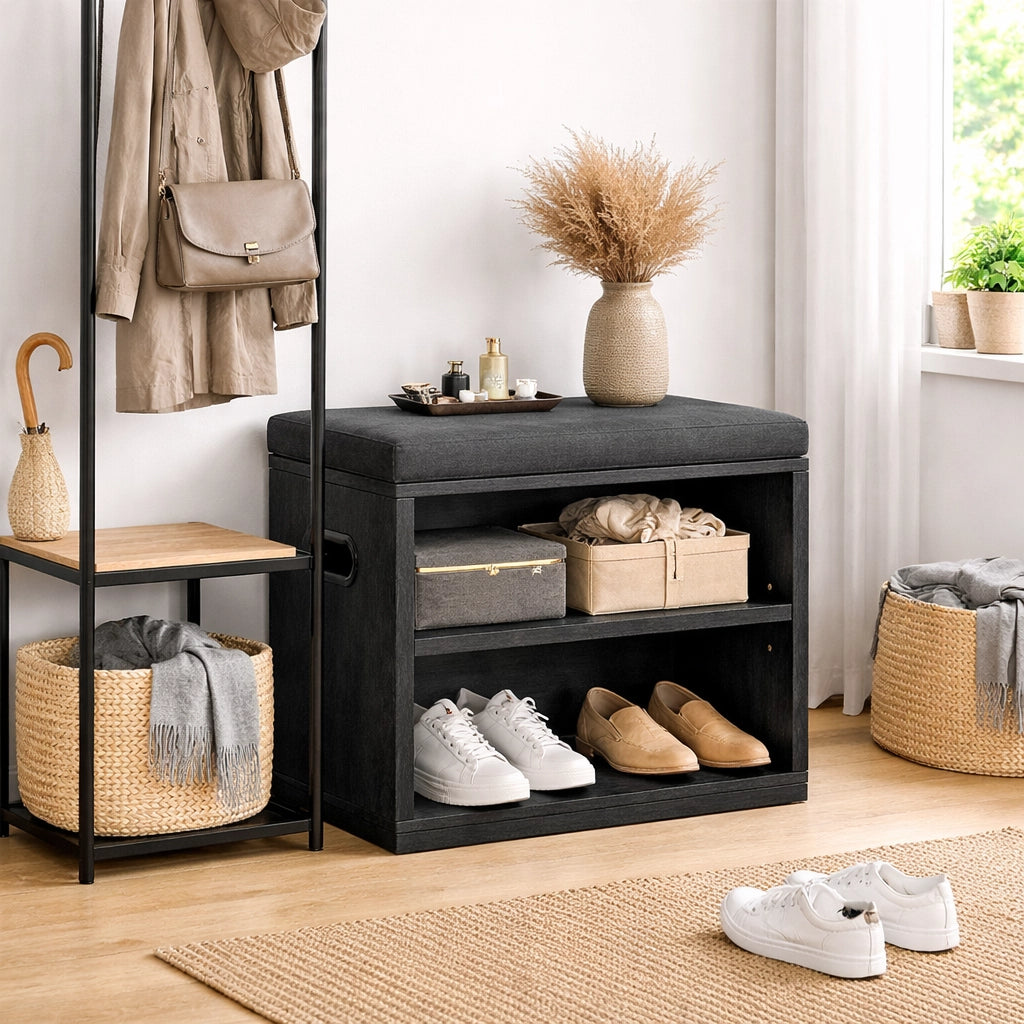 Panca Scarpiera Ingresso con Cuscino Imbottito Salvaspazio 44x30x40cm Nero