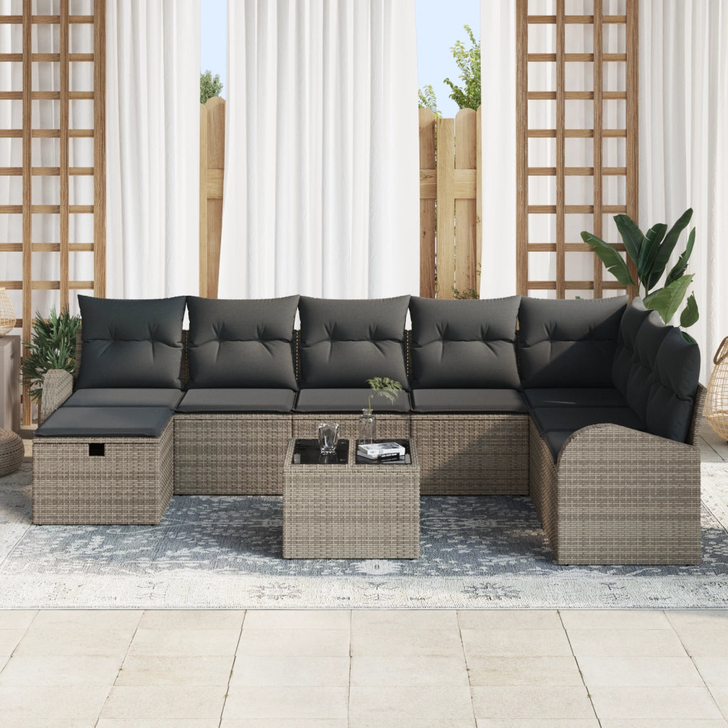Set da giardino 9 pezzi con cuscini grigi in polirattan