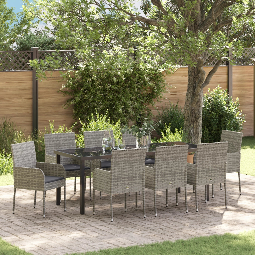 Set da 9 Pezzi per pranzo da Giardino con Cuscini Grigio Polyrattan