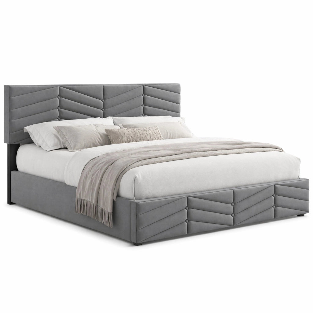 Letto matrimoniale imbottito con contenitore, testiera regolabile, velluto grigio, 180x200 cm