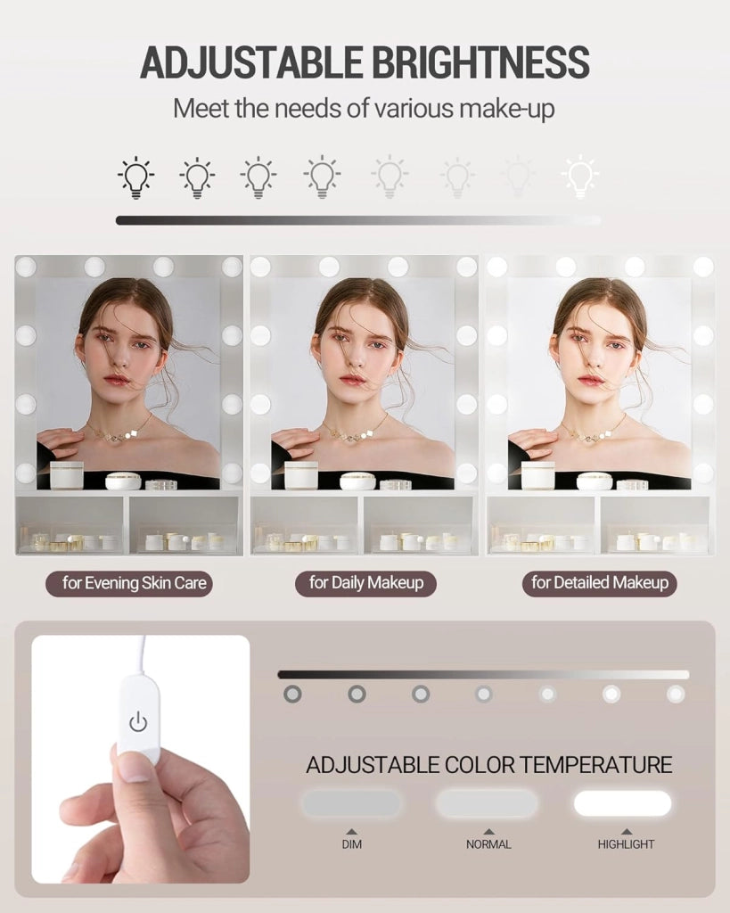 Hzuaneri 100cm Toeletta da Trucco, con specchio e luce LED, Moderno con Specchio, Postazione Make-up con Mensole Aperte e 2 Cassetti, per camera da letto, soggiorno, 40 x 100 x 149 cm, Bianco DT38703X