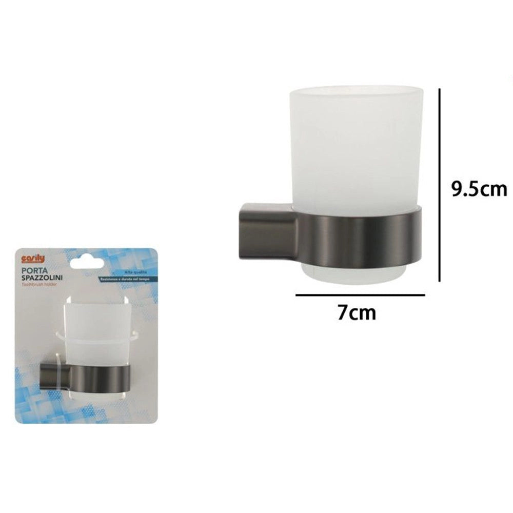 Trade Shop - Porta Spazzolini Parete Stilizzato Acciaio Grigio Con Bicchiere Vetro Satinato Bagno 87938 -