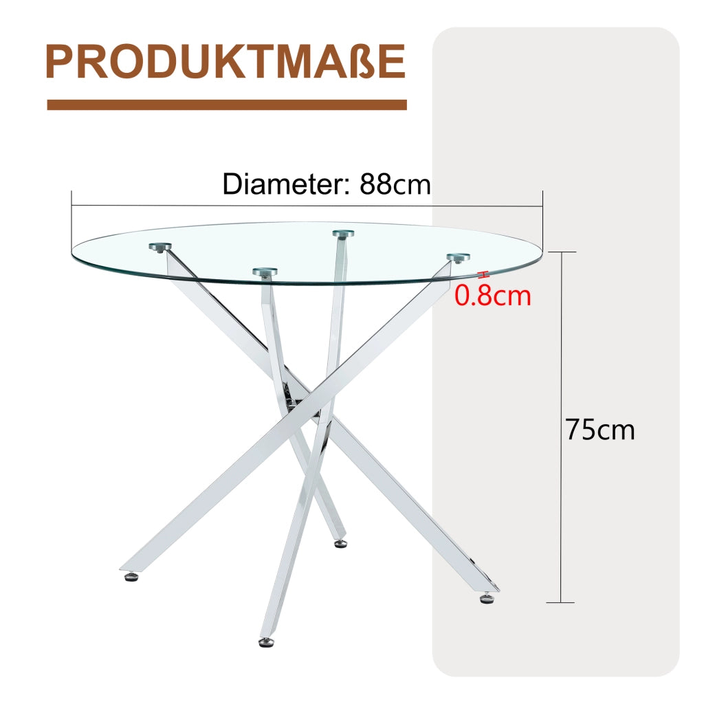 Tavolo da pranzo con piano in vetro e base in metallo per cucina 88 cm