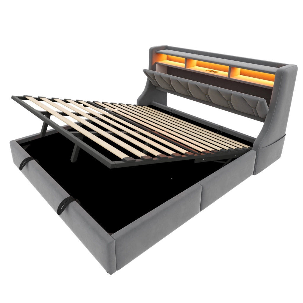 Letto imbottito 180x200 cm con vano idraulico, LED e rivestimento in velluto grigio