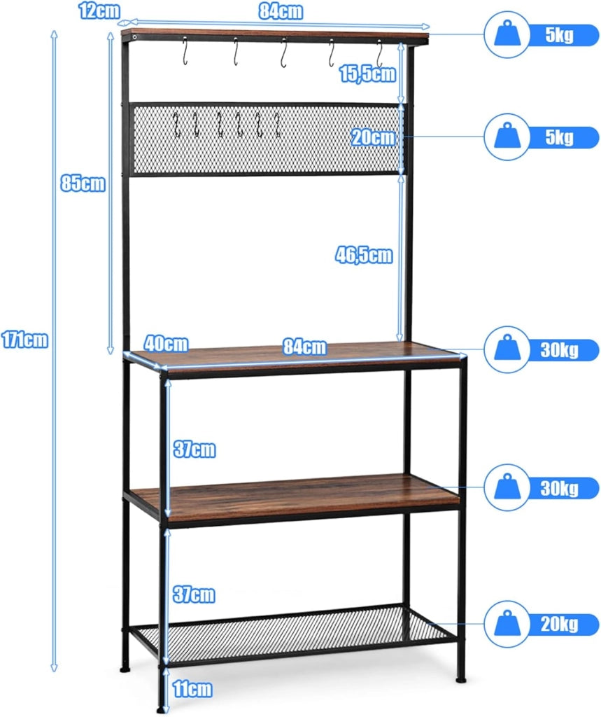 Scaffale per Panetterie con 4 Ripiani, Mobile per Microonde con 11 Ganci, per Cucina