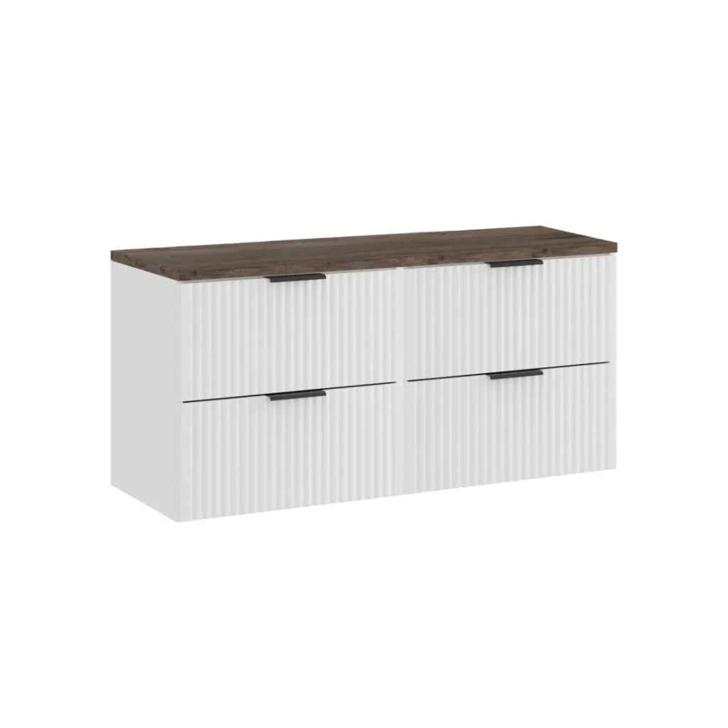Set da bagno NOXERA 120 cm – Mobile sospeso bianco alpino con piano per lavabo effetto legno di abete