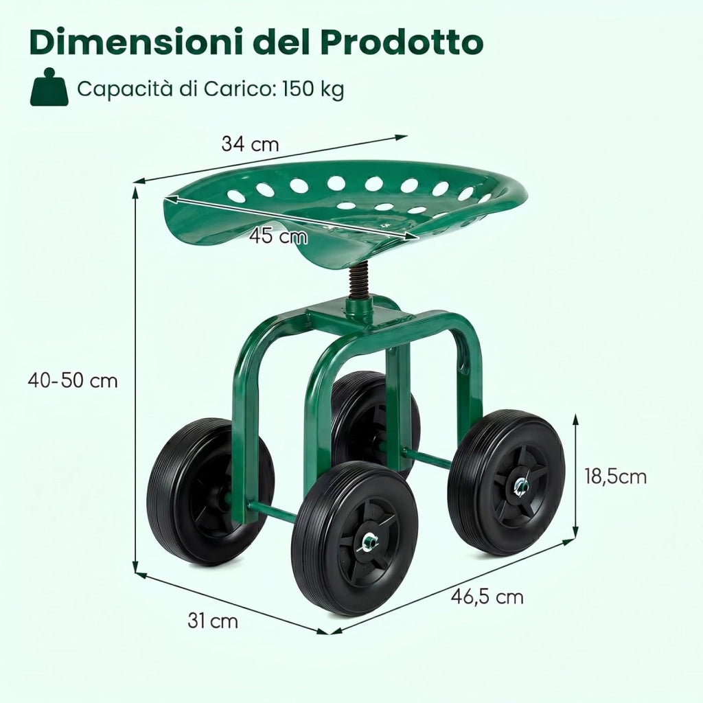 Sgabello con Ruote per Giardinaggio, Sedile con Ruote Regolabile in Altezza e Portatile, Seggiolino da Giardino, Prato e Cortile, Portata 150kg (Verde)