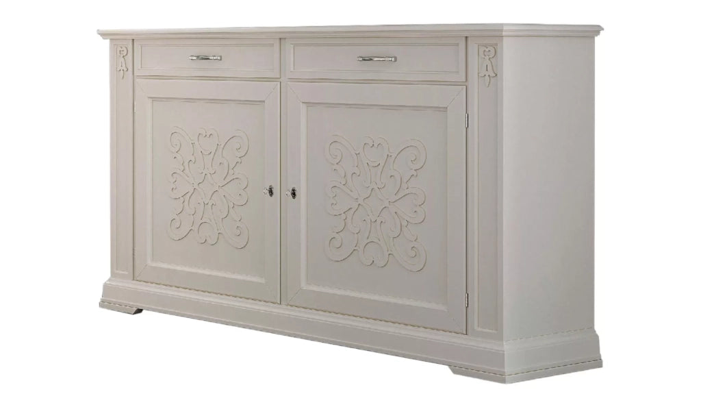 Credenza classica decoro legno 2 porte shabby bianco 184x50x106 - Mobili 2G