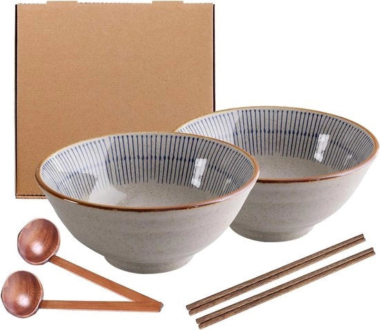 Ricette Ramen in ceramica giapponese - regalo creativo - retro con bastoncini e cucchiai - resistente al microonde - insalata di frutta verdure noodles - 1100 ml (2)