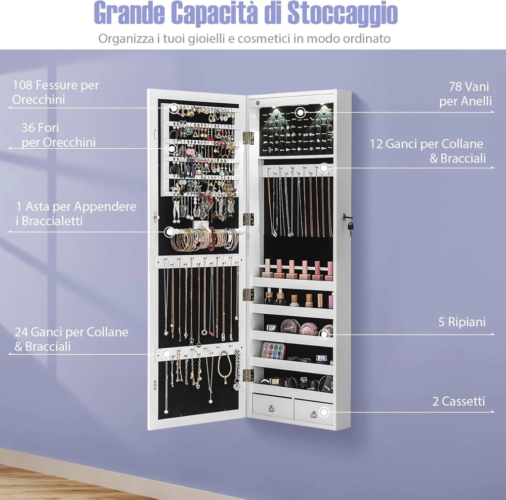 Armadio per Gioielli con 2 luci LED, con Specchio a Figura, Organizer Montato al Muro con Ganci Regolabili per Appendere, Armadio Portagioie per Truccarsi (Bianco)