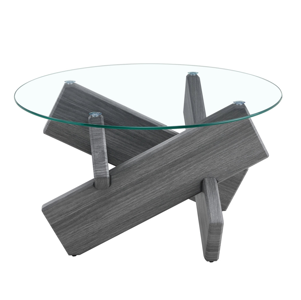Tavolino da caffè rotondo 79x45 cm con base a croce in MDF e vetro grigio trasparente