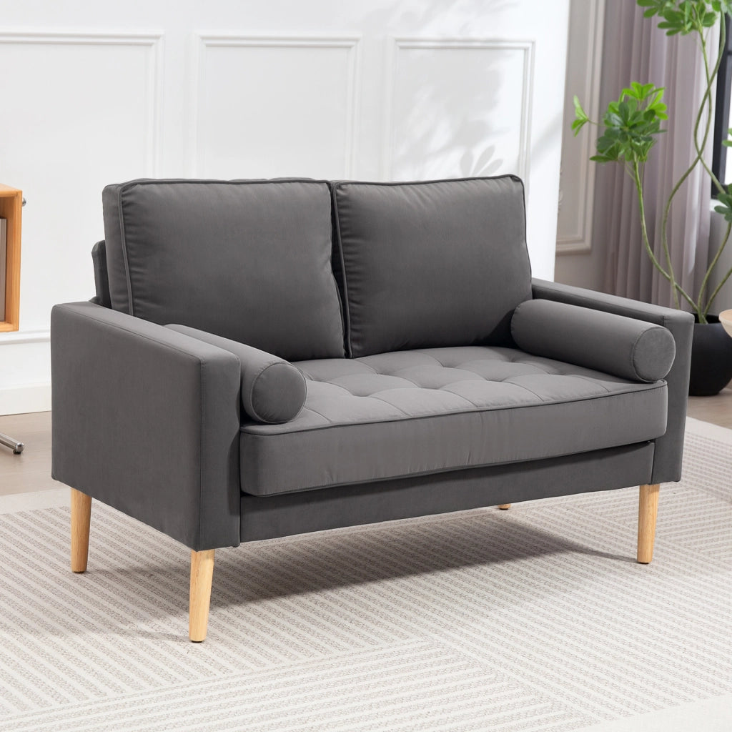 Divano 2 posti in velluto grigio ¨C Xylo ¨C 127 cm con cuscini imbottiti e schienale capitonn¨¦