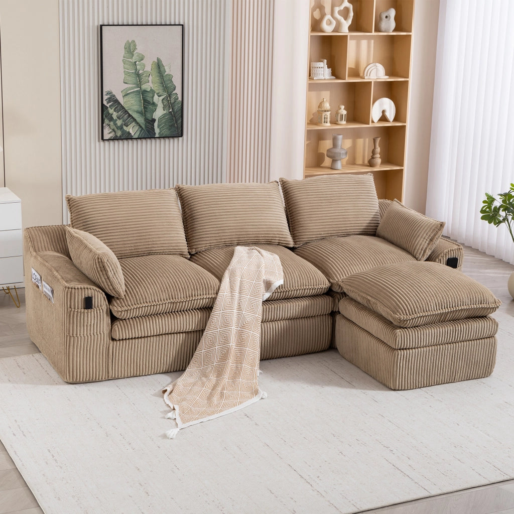 Divano modulare a 3 posti con pouf, cuscini, tasche laterali e struttura a molle in tessuto corduroy khaki