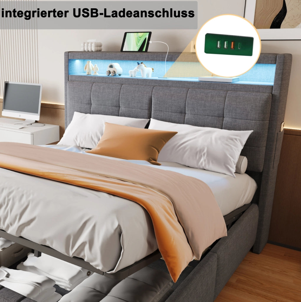 Letto matrimoniale imbottito 160x200 cm con LED e USB grigio