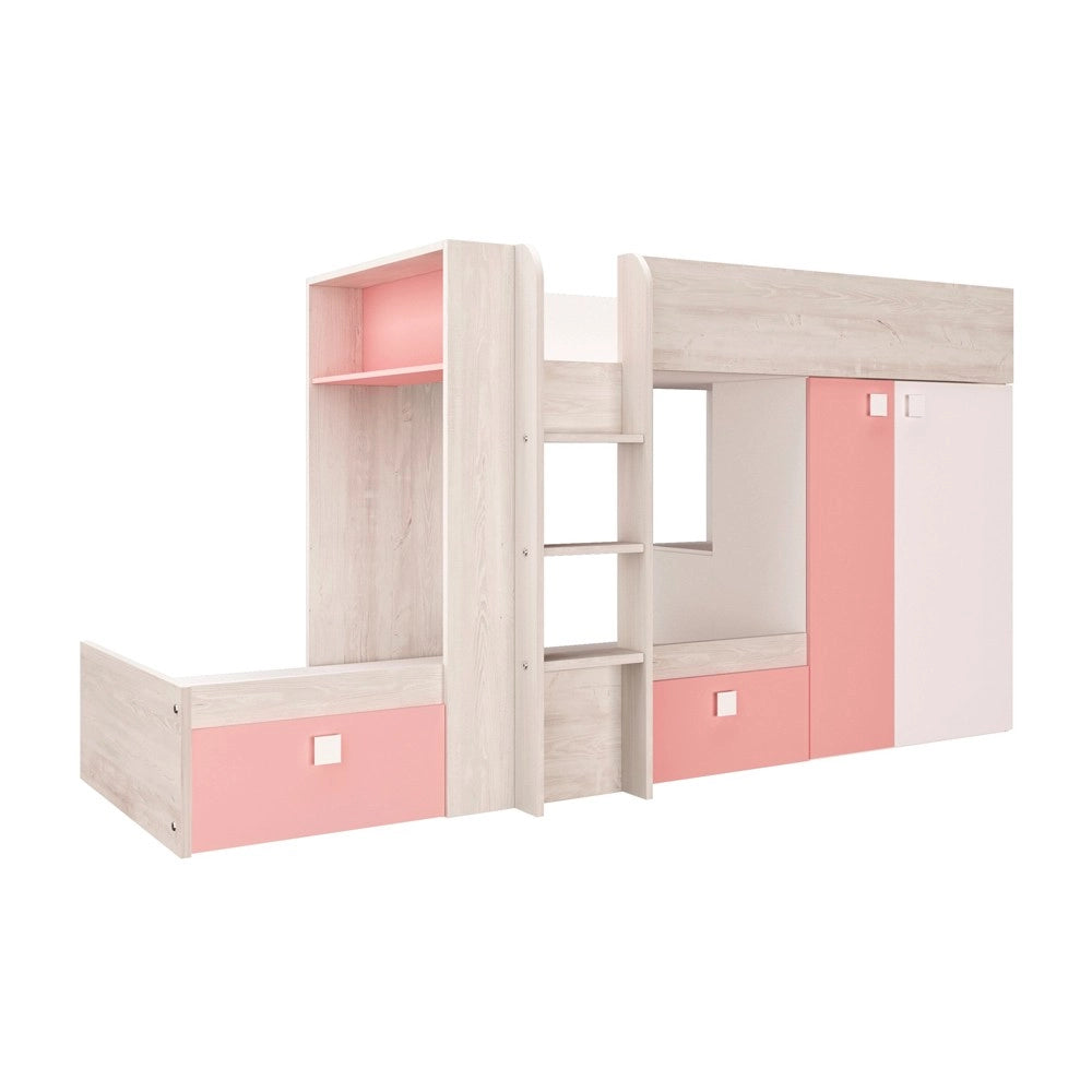 Letto a castello bianco consumato e rosa flamingo con armadio e cassetti 1267