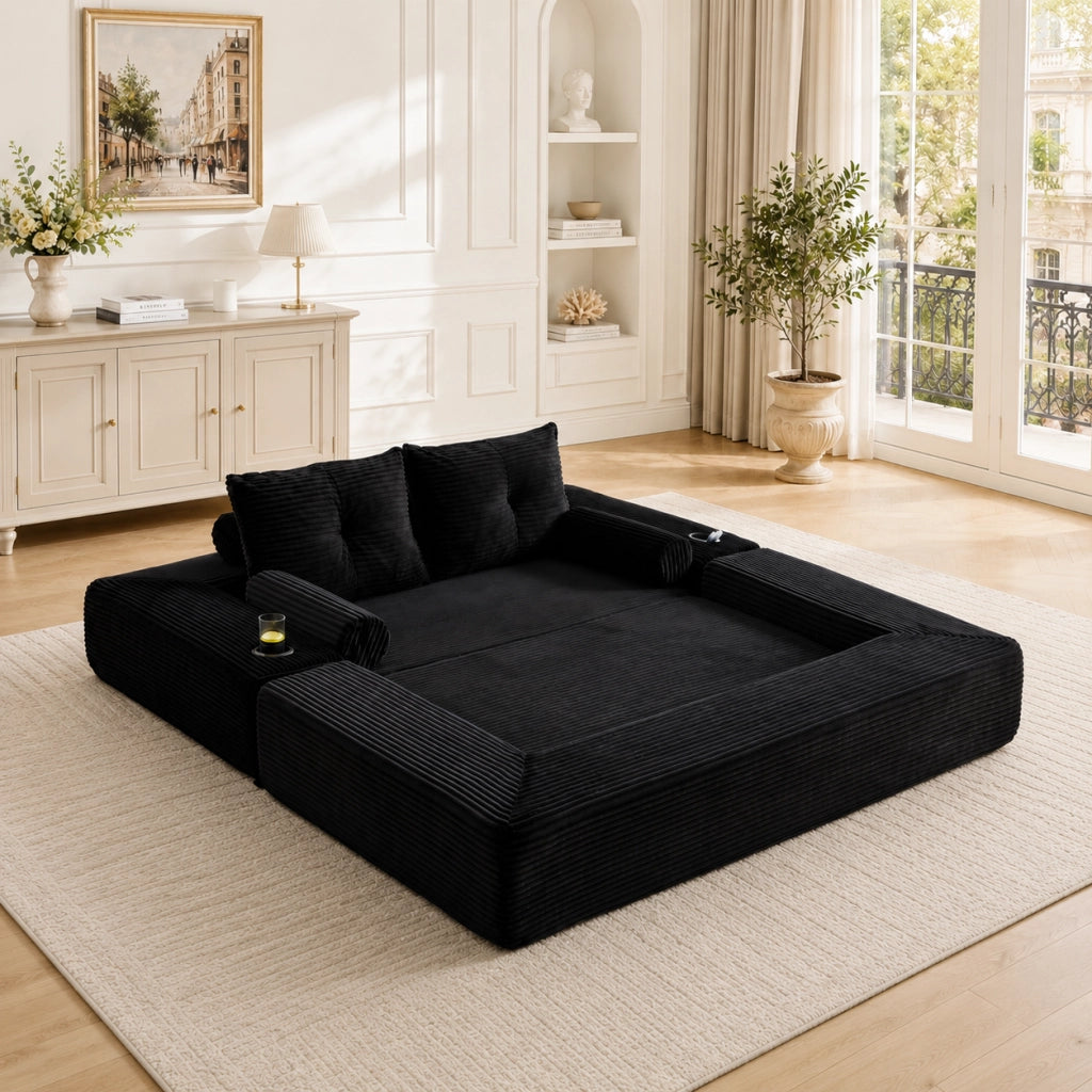Divano letto multifunzione velluto a coste nero con memory foam, tasche e porta bicchieri