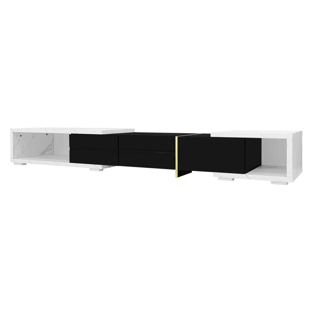 Mobile TV 140-260 cm; girevole e regolabile; MDF e truciolato; nero e marmo bianco