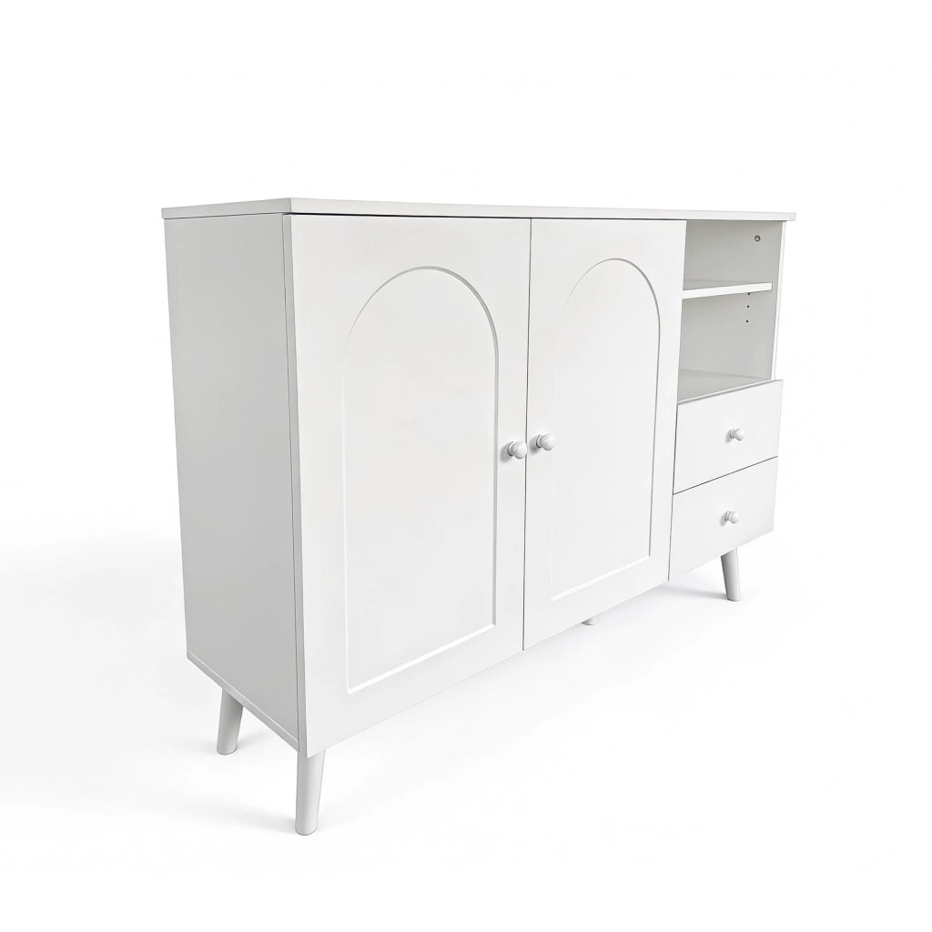 Credenza con 2 ante, 2 cassetti e 2 vani aperti, per soggiorno sala da pranzo e ingresso, bianco, 118 × 35 × 82 cm