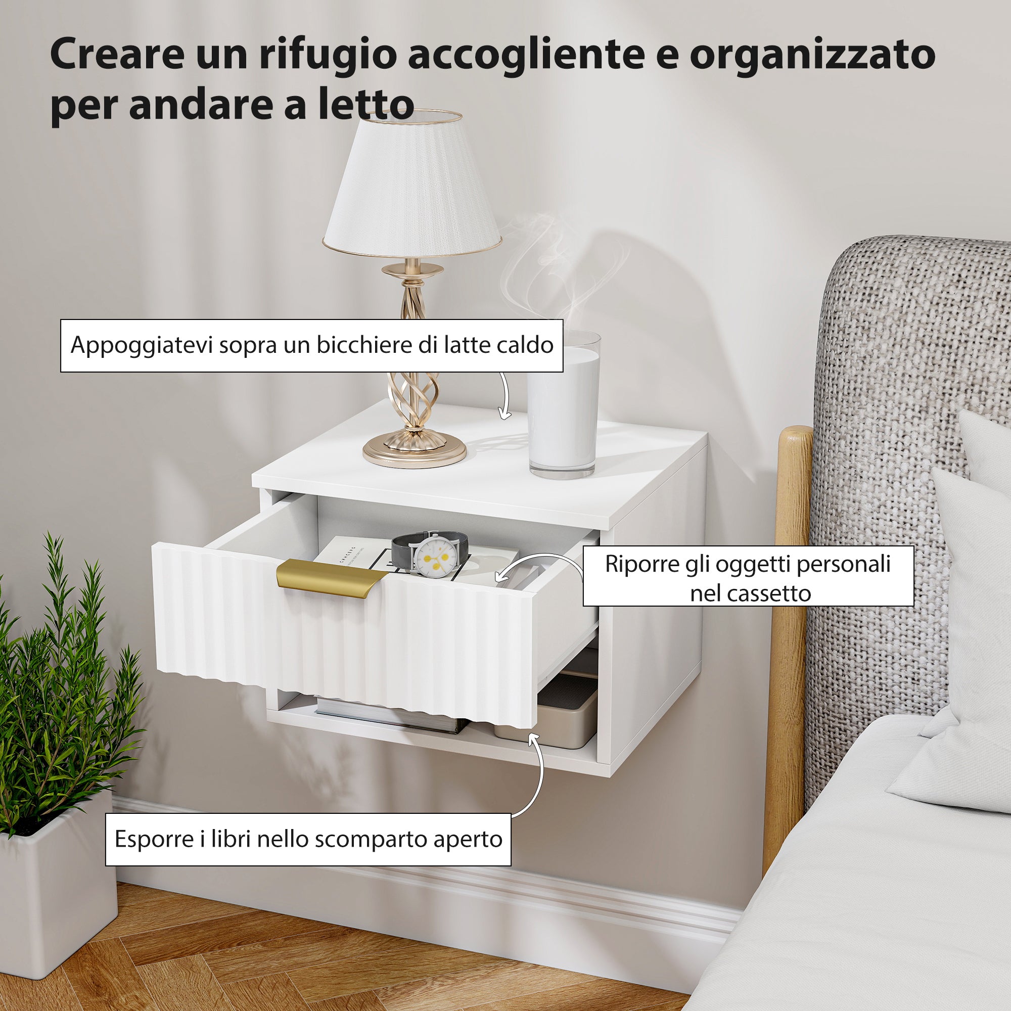 Set di 2 Comodini Sospesi 40x34x29 cm con Pannelli Scanalati Cassetto e Ripiano Bianco